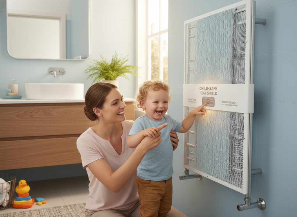 Child-safe heated towel rack with safety features highlighted