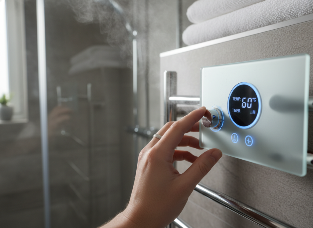 Close-up of WarmlyYours Elements towel warmer controls Close-up of WarmlyYours Elements towel warmer controls