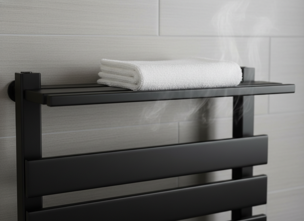 Close-up of WarmlyYours Summit towel warmer shelf feature Close-up of WarmlyYours Summit towel warmer shelf feature