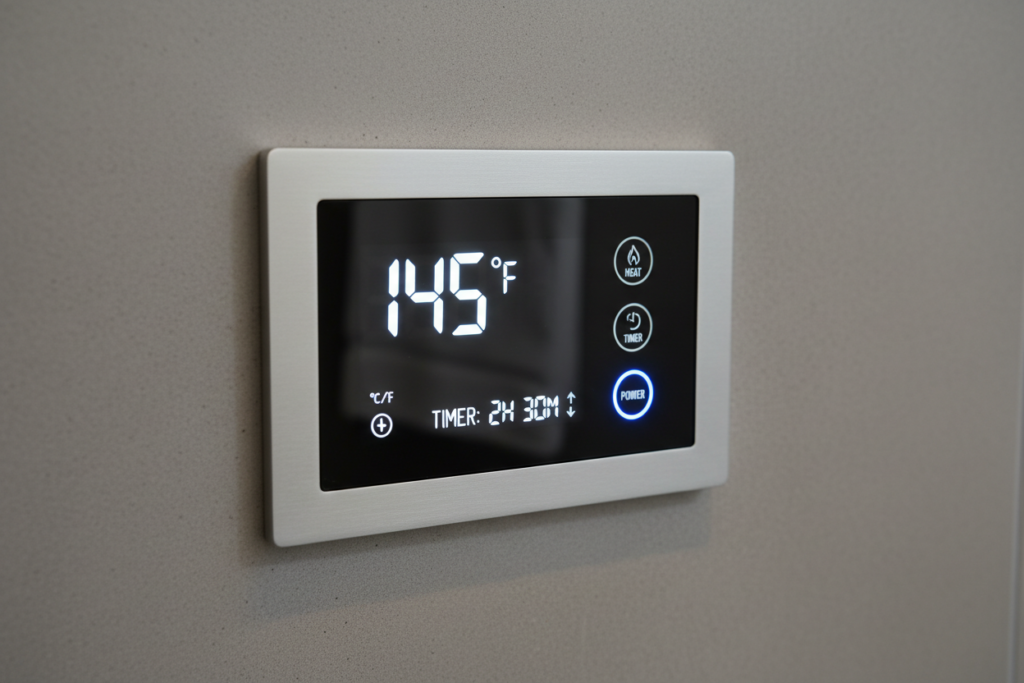 Close-up of a towel warmer timer control panel