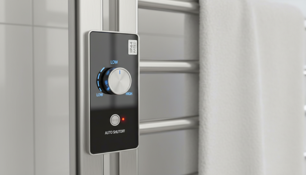 Close-up of heated towel rack safety features including IP rating label and temperature controls