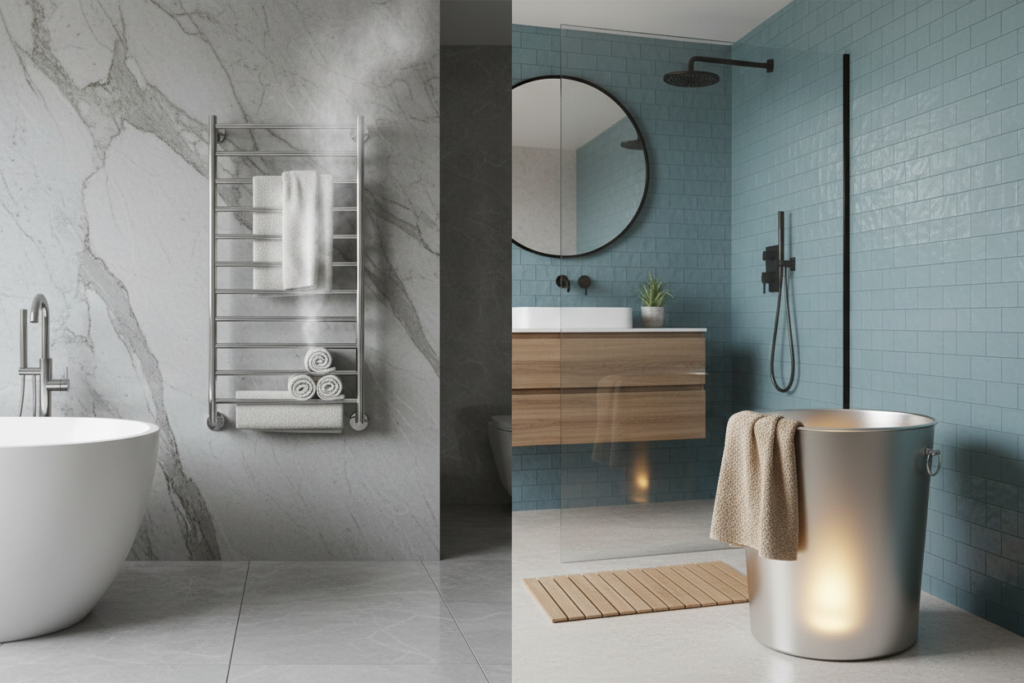 Comparison of bucket-style and wall-mounted large towel warmers in a modern bathroom setting Comparison of bucket-style and wall-mounted large towel warmers in a modern bathroom setting