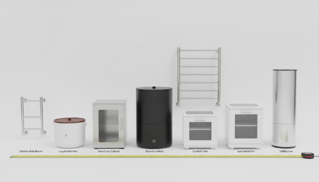 Comparison of different compact towel warmers showing their relative sizes