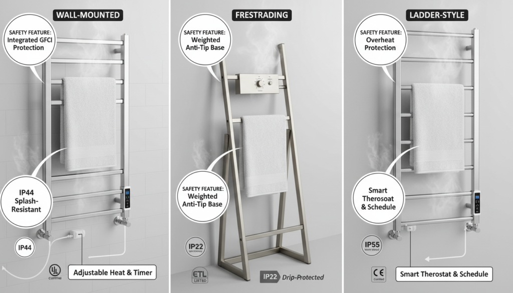 Comparison of different heated towel rack models with safety features highlighted