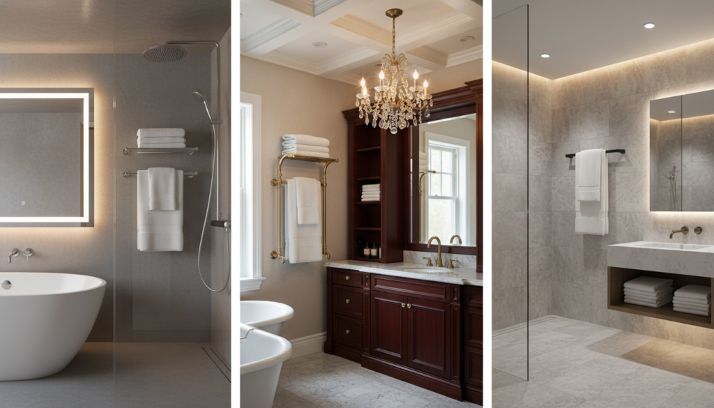 Comparison of different luxury towel warmers in elegant bathrooms