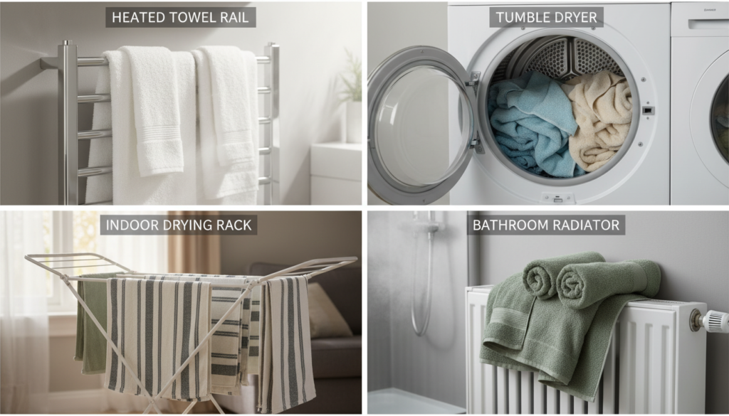 Comparison of different towel drying methods showing energy efficiency