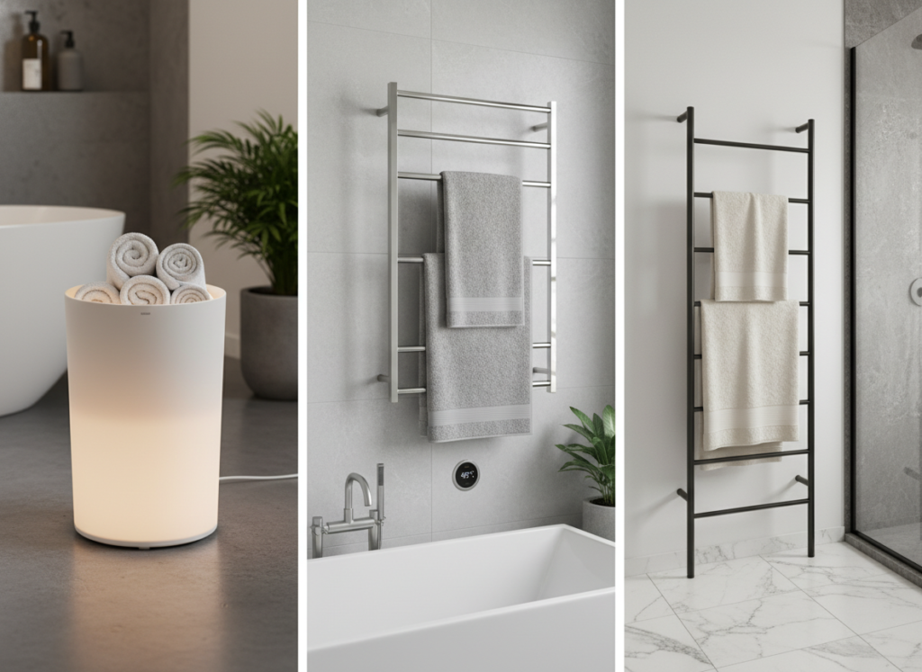 Comparison of different towel warmer types in a modern bathroom setting Comparison of different towel warmer types in a modern bathroom setting