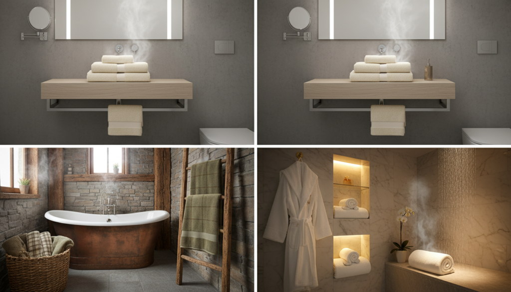 Comparison of different types of large towel warmers in various bathroom settings Comparison of different types of large towel warmers in various bathroom settings