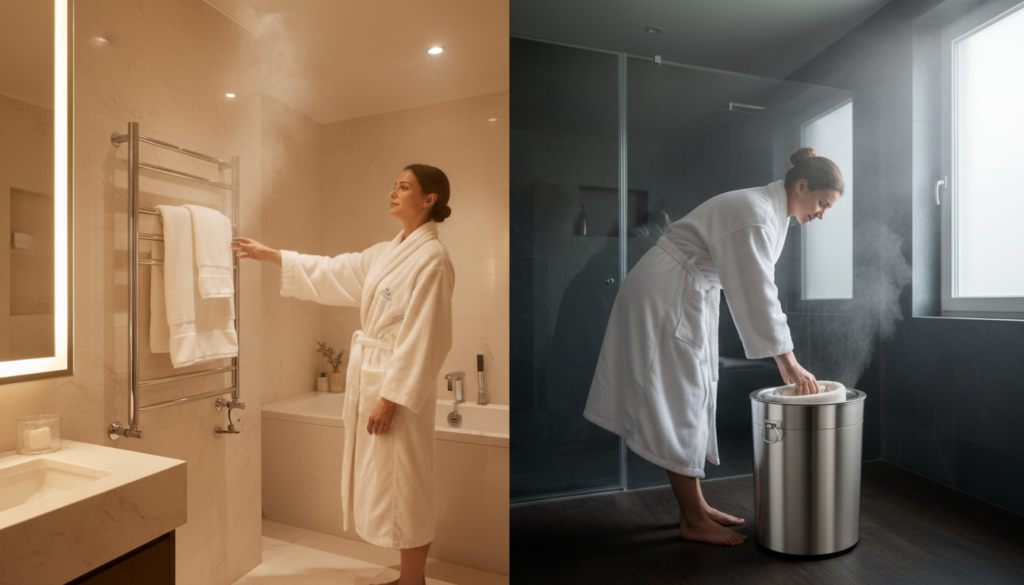 Comparison of different types of towel warmers showing bucket-style and wall-mounted options for best towel warmer 2026