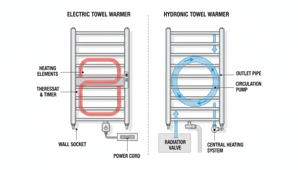 Comparison of electric and hydronic towel warmer systems