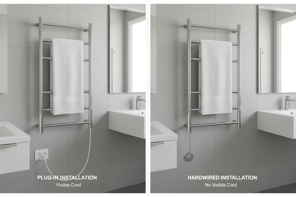 Comparison of plug-in vs hardwired towel warmer installation