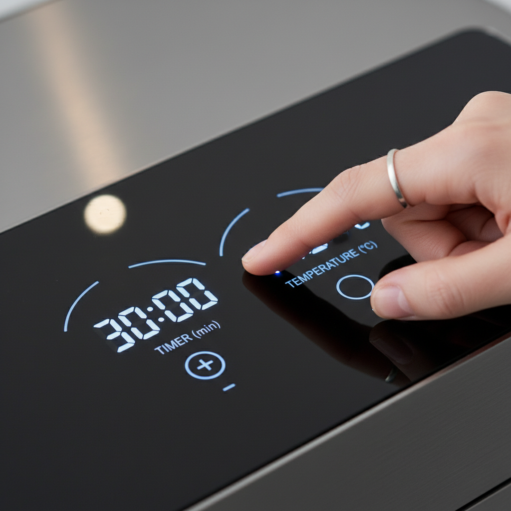 Control panel of a heated towel rack showing timer and temperature settings Control panel of a heated towel rack showing timer and temperature settings