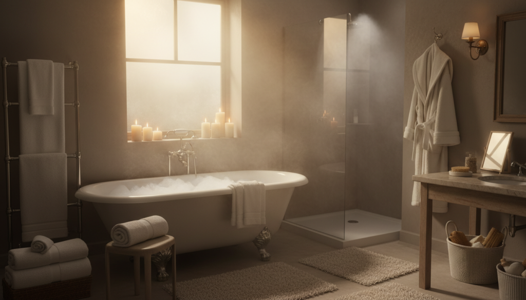 Cozy bathroom scene with warm towels ready for use