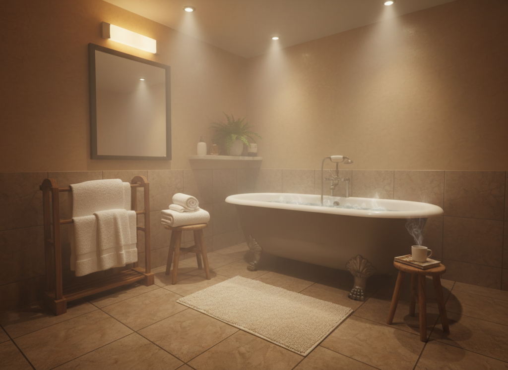 Cozy bathroom setting with steam suggesting warm towel environment