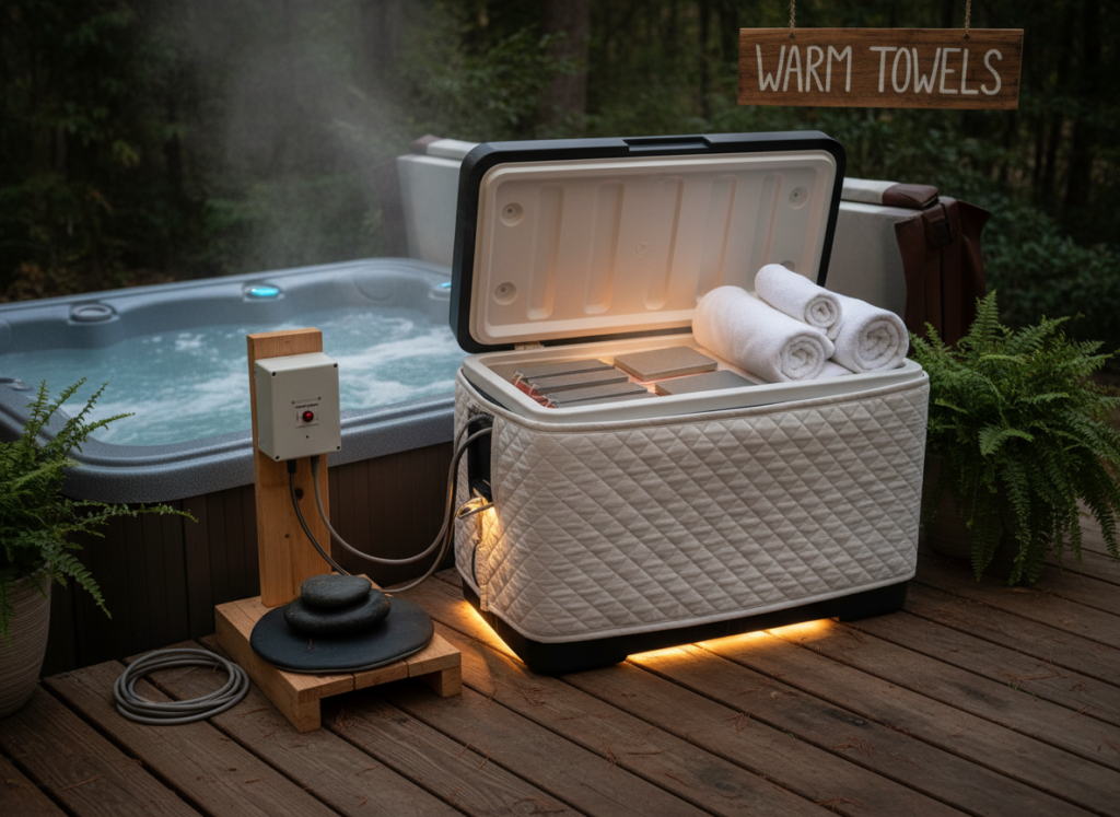 DIY towel warming setup for outdoor hot tub DIY towel warming setup for outdoor hot tub