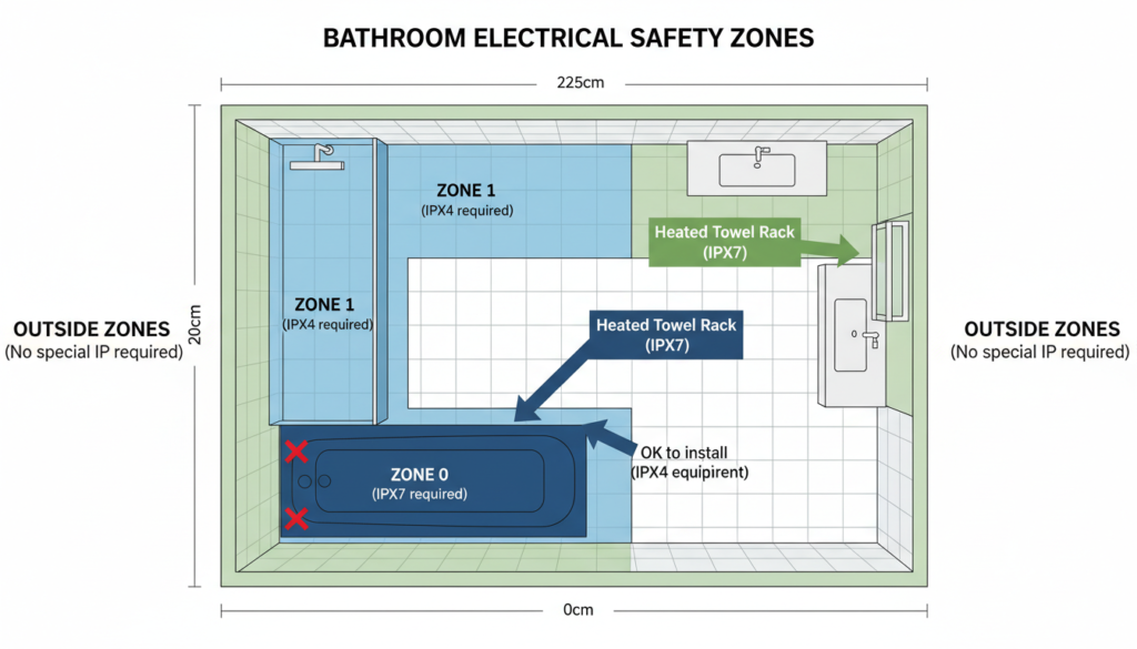 Diagram of bathroom safety zones showing where heated towel racks can be safely installed