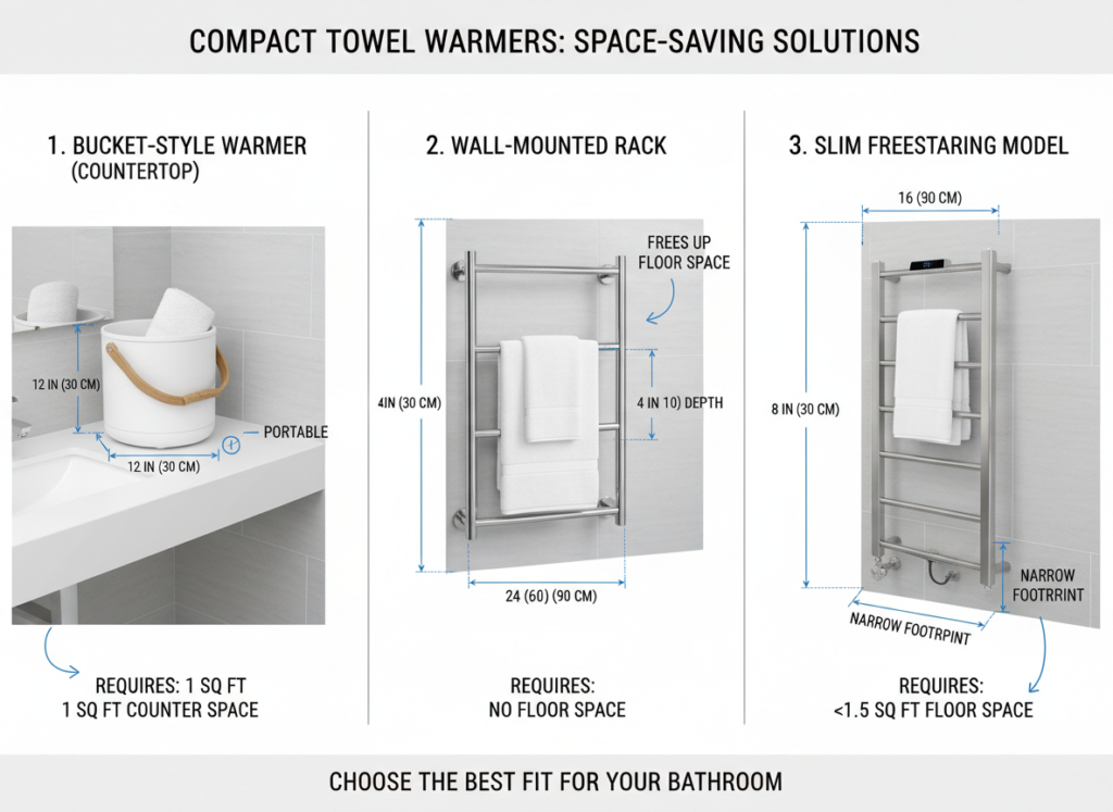 Diagram showing different types of compact towel warmers and their space requirements