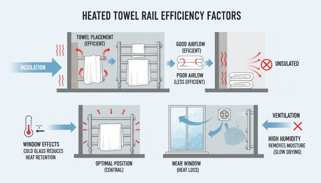 Diagram showing factors affecting heated towel rail efficiency Diagram showing factors affecting heated towel rail efficiency