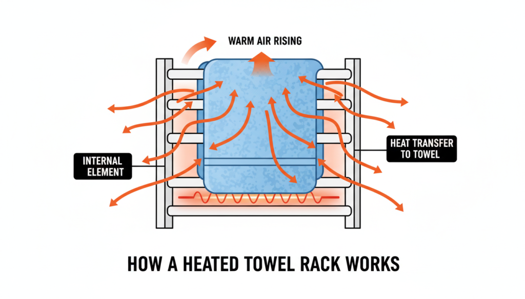 Diagram showing how a heated towel rack works with internal heating elements Diagram showing how a heated towel rack works with internal heating elements