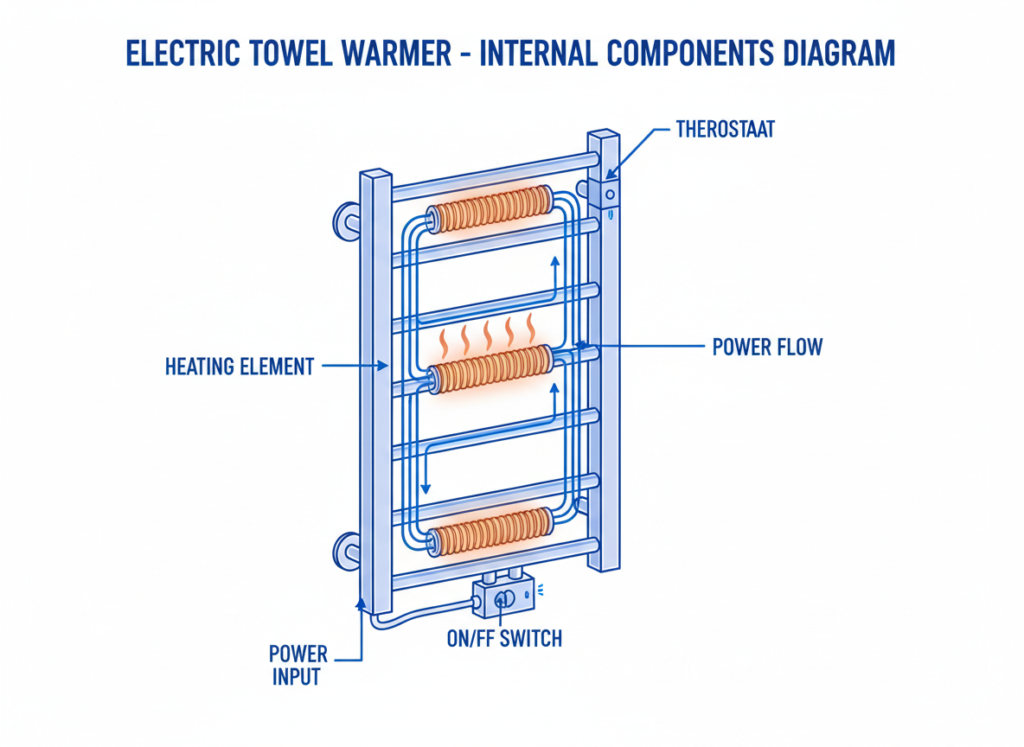 Diagram showing how an electric towel warmer works with heating elements