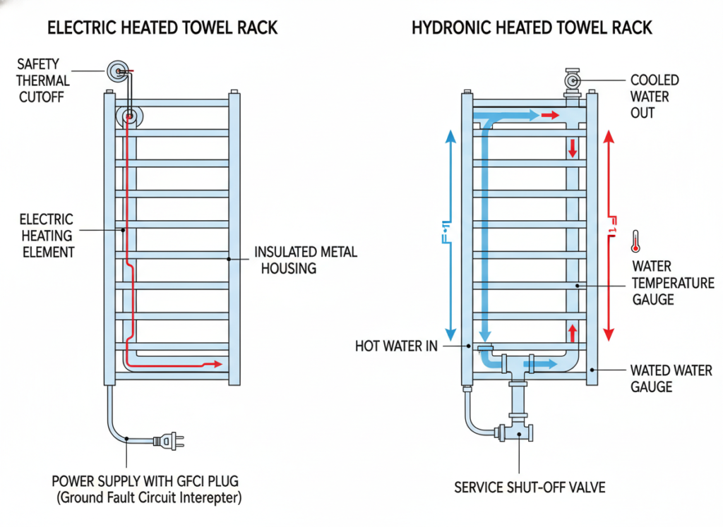 Diagram showing how electric and hydronic heated towel racks work with safety features highlighted