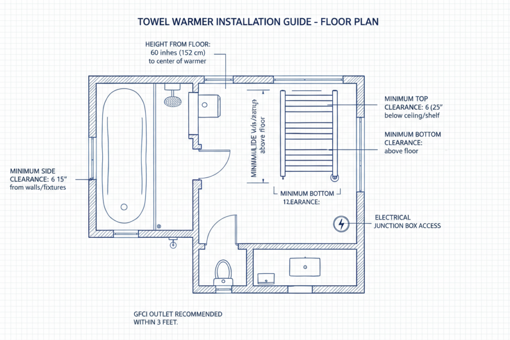 Diagram showing ideal towel warmer placement in bathroom