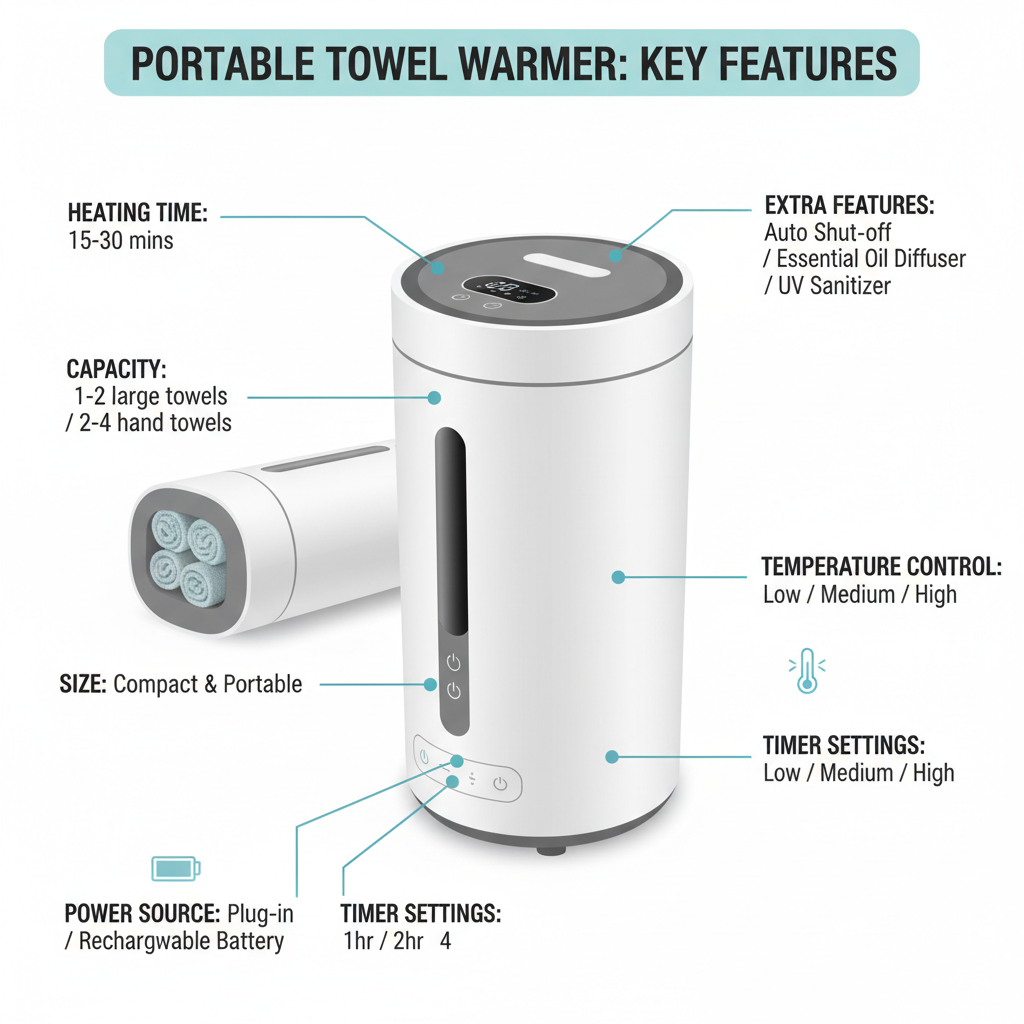 Diagram showing key features of a portable towel warmer Diagram showing key features of a portable towel warmer