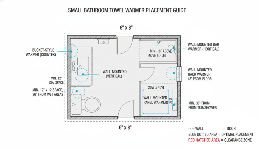 Diagram showing optimal placement options for compact towel warmers in small bathrooms