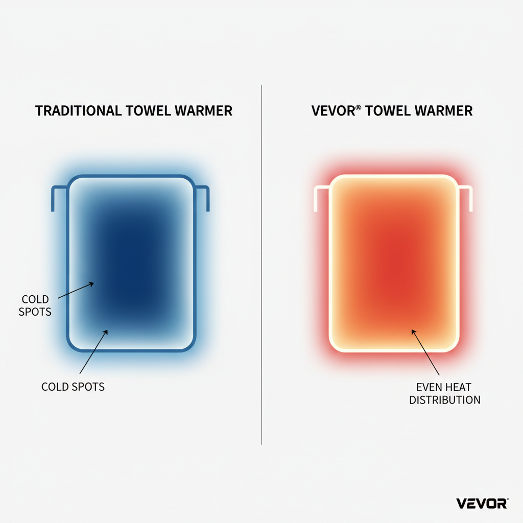 Diagram showing vevor towel warmer's 360-degree heating technology compared to traditional warmers with cold spots Diagram showing vevor towel warmer's 360-degree heating technology compared to traditional warmers with cold spots