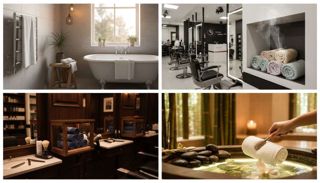 Different settings where towel warmers are used - home bathroom, salon, barber shop, and spa