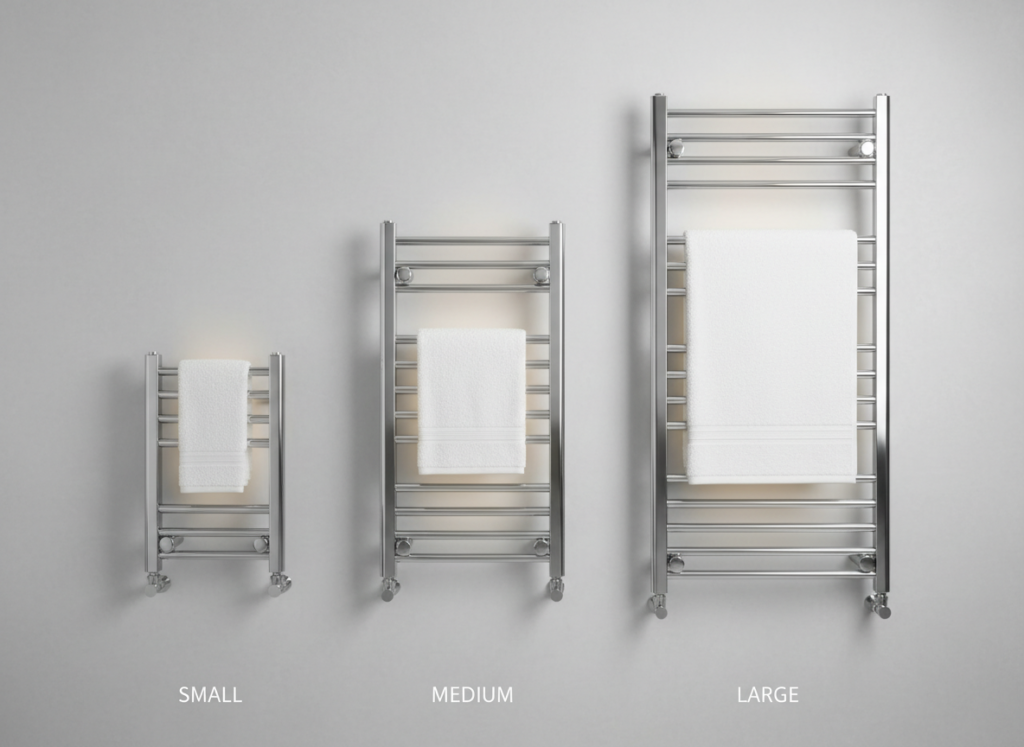 Different sizes of heated towel rails showing various designs