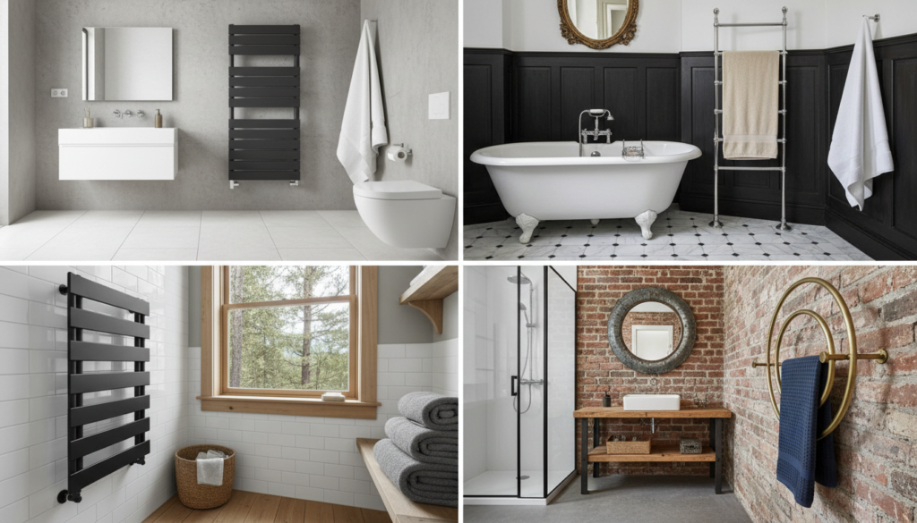 Different types of brass towel warmers in various bathroom settings