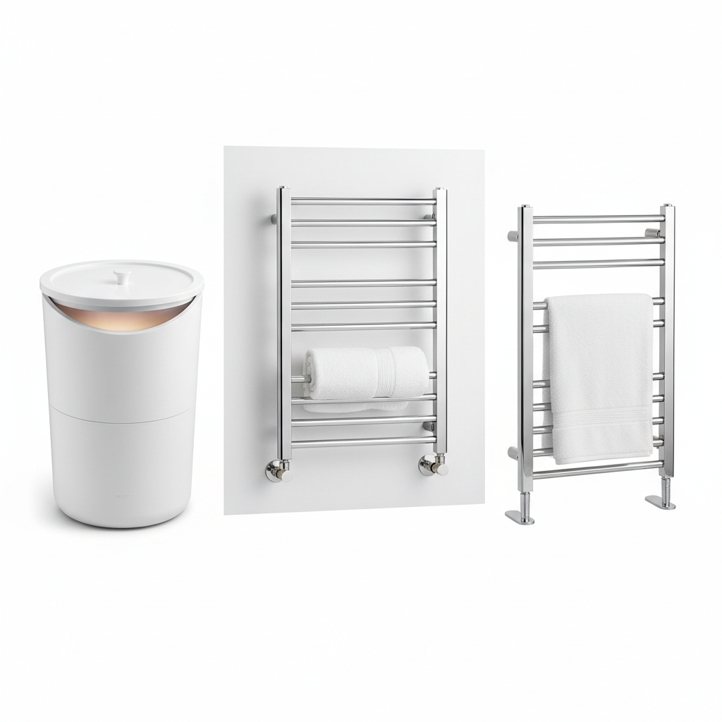 Different types of budget towel warmers: bucket, wall-mounted, and freestanding styles