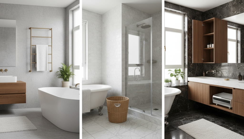 Different types of freestanding towel warmers displayed in bathroom settings