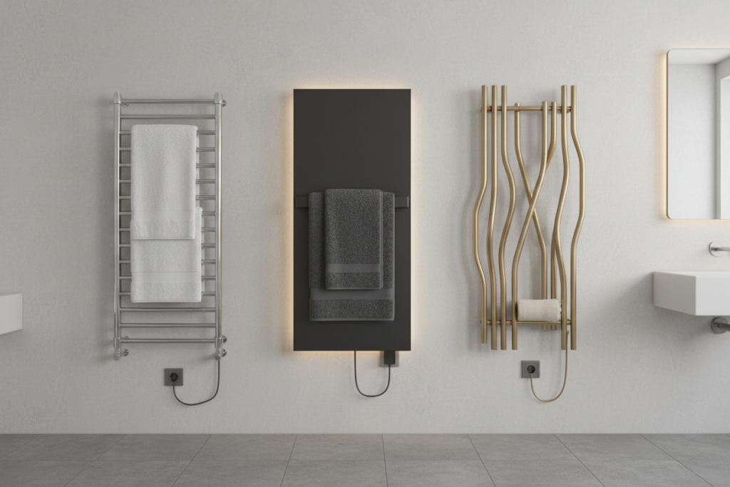 Different types of heated towel rails side by side showing design variations Different types of heated towel rails side by side showing design variations