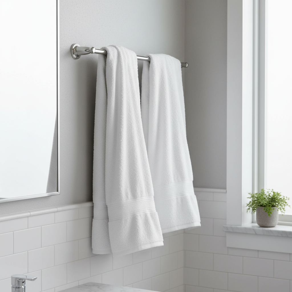 Dry towels hanging in a bathroom showing reduced moisture