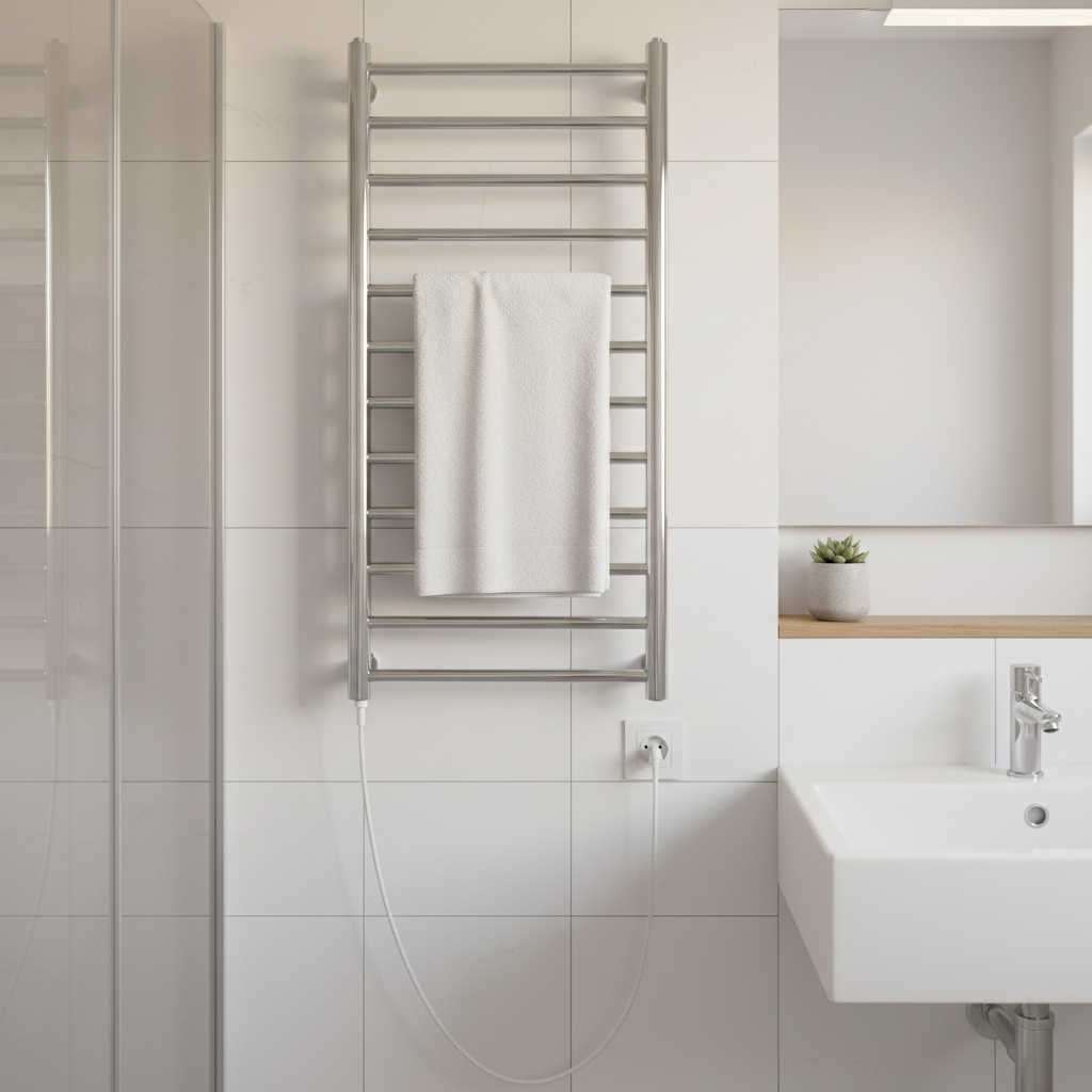 Electric heated towel rail with power cord
