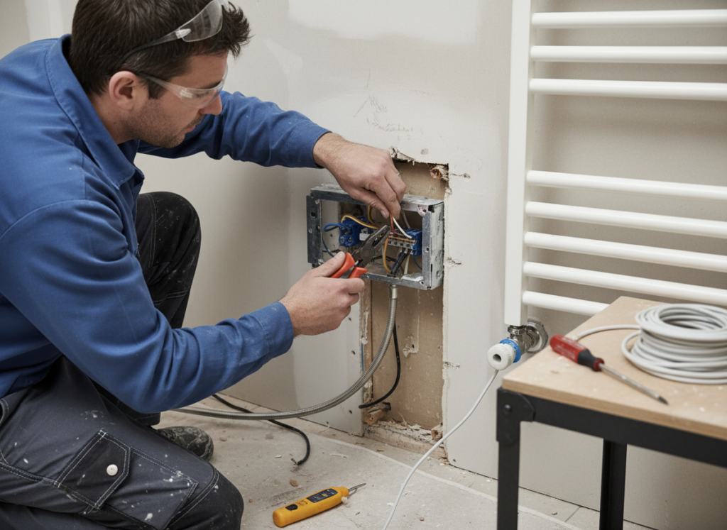 Electrician installing a hardwired electric towel warmer in a bathroom