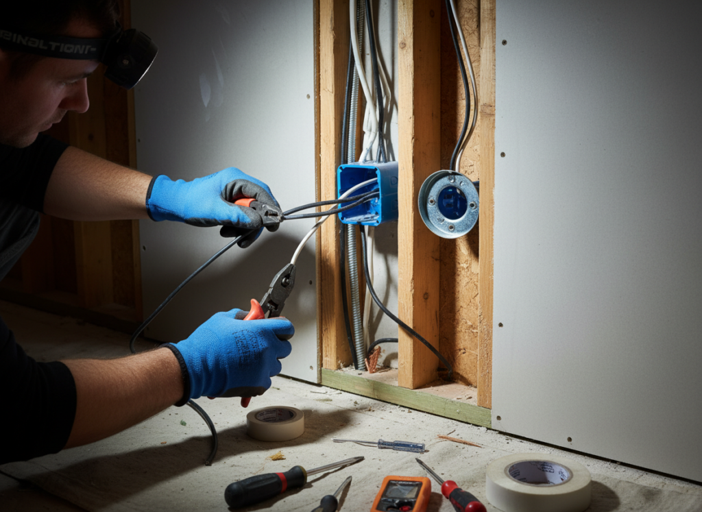 Electrician installing a hardwired towel warmer Electrician installing a hardwired towel warmer