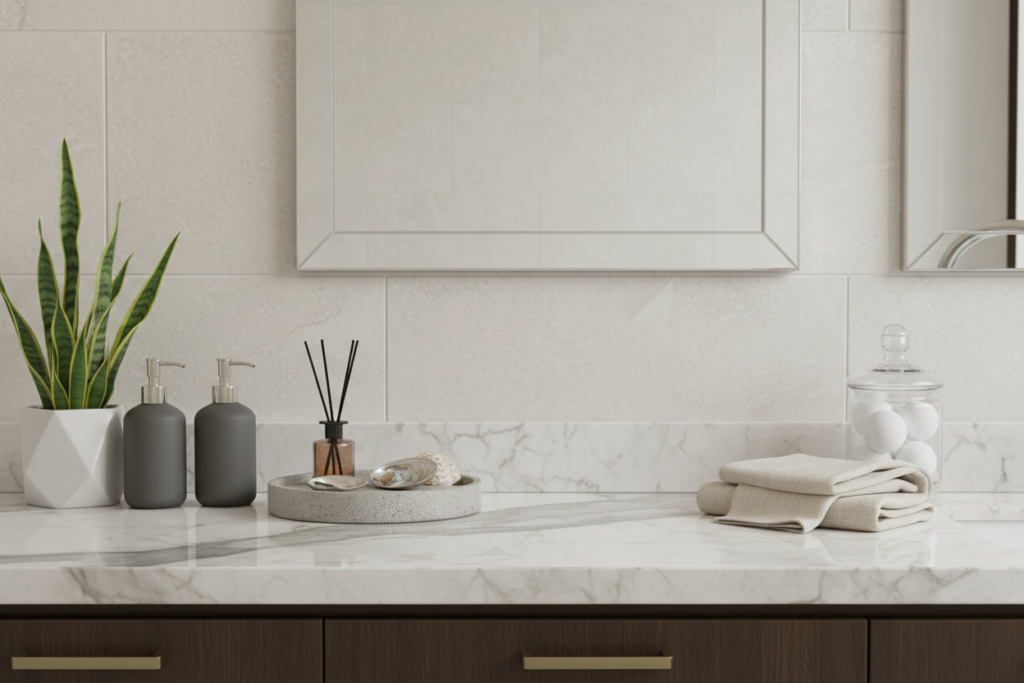 Elegant bathroom countertop with zadro towel warmer