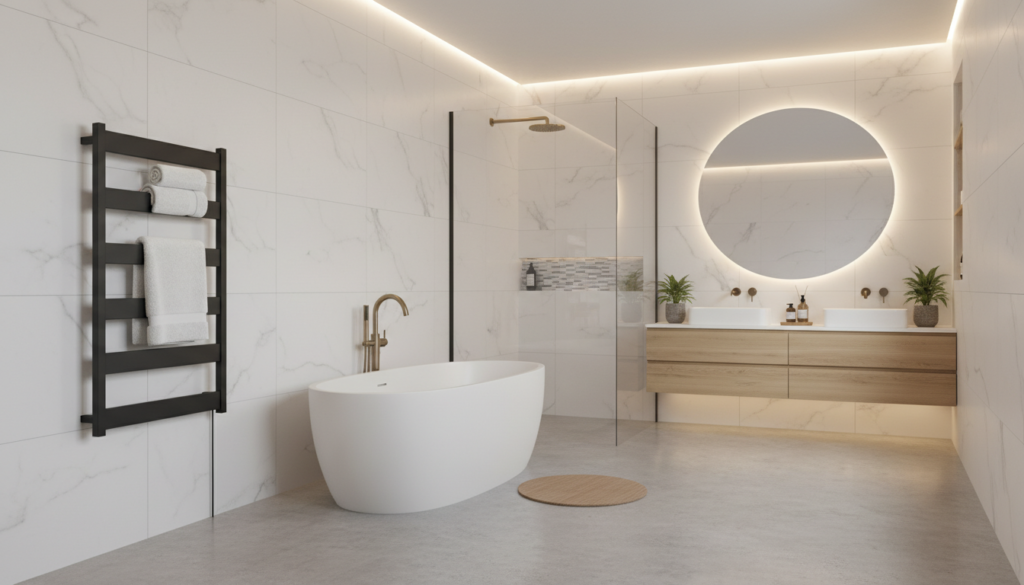 Elegant bathroom with wall-mounted towel warmer showing space-saving benefits Elegant bathroom with wall-mounted towel warmer showing space-saving benefits