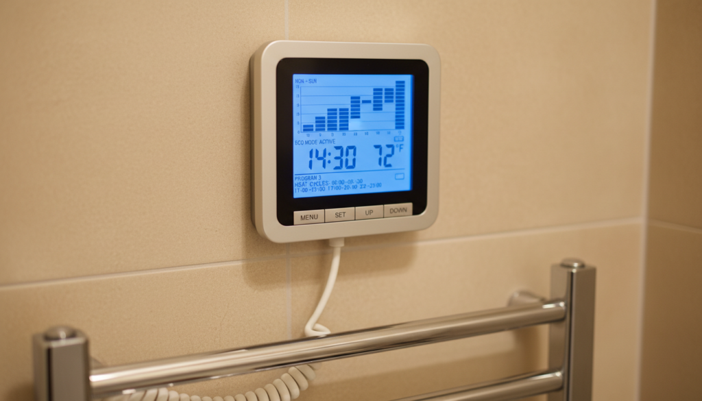 Energy efficiency timer for a towel warmer showing programmed schedule