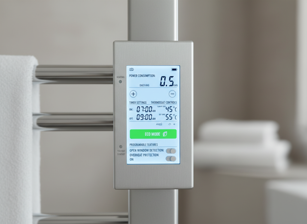 Energy-efficient heated towel rack with timer and thermostat controls