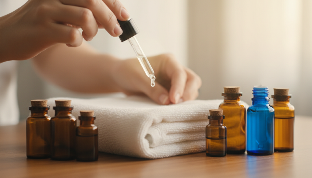 Essential oils being added to towel demonstrating how to heat towels with aromatherapy