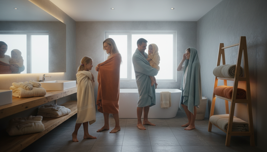 Family bathroom with multiple towel warmers showing versatility of best towel warmer 2026 options