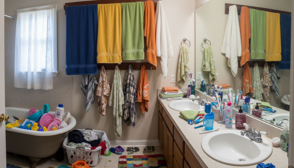 Family bathroom with multiple towels hanging on hooks showing need for multi-towel capacity
