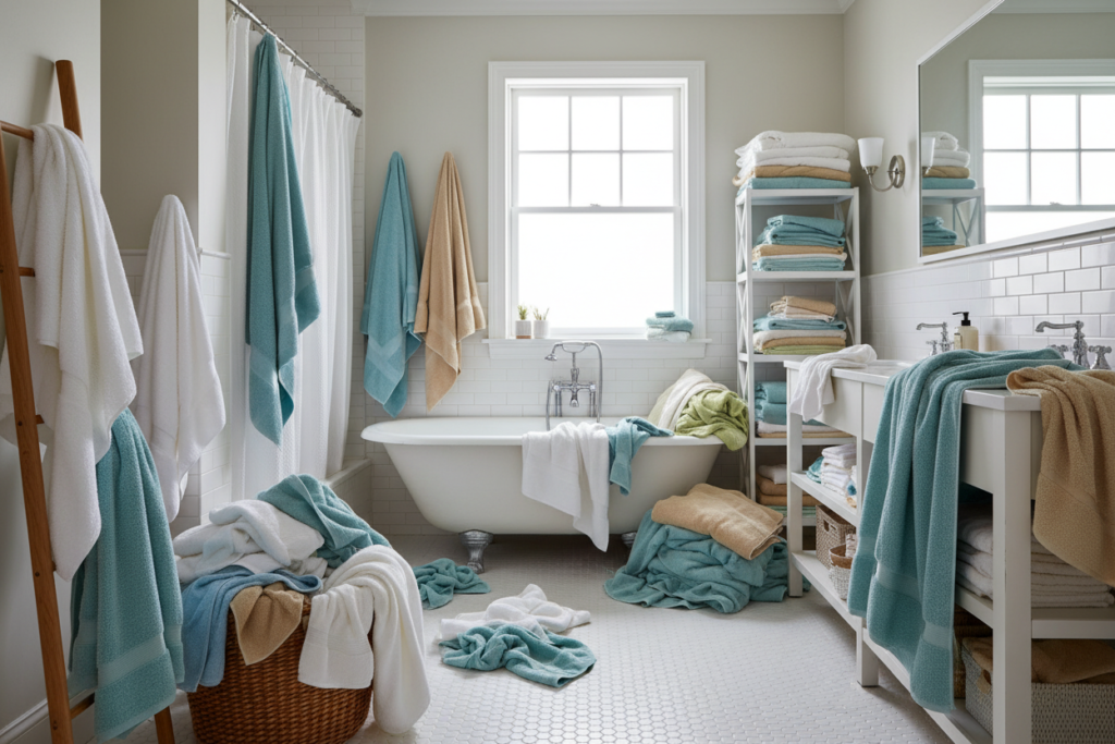 Family bathroom with multiple towels hanging, showing need for larger capacity towel warmer