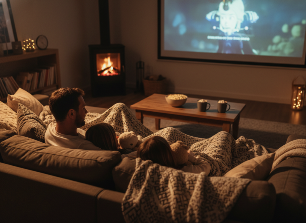 Family movie night with warm blankets from a towel warmer