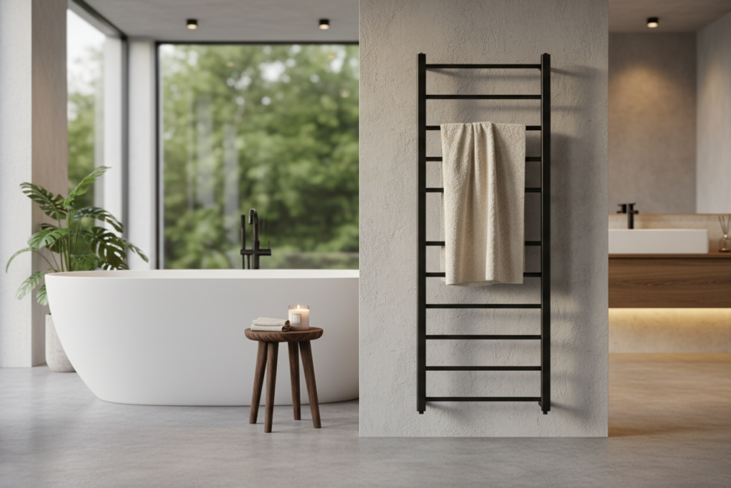 Freestanding black towel warmer next to a bathtub