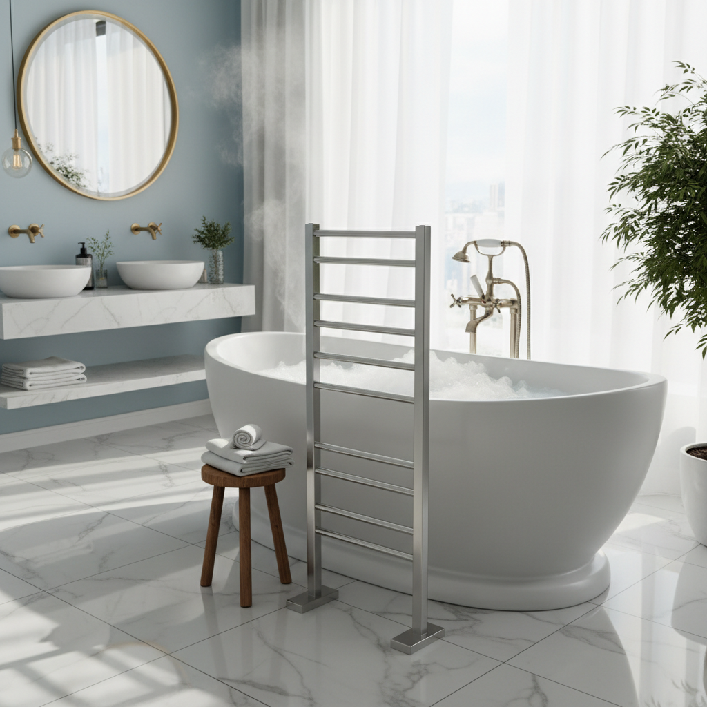 Freestanding brass towel warmer next to a bathtub